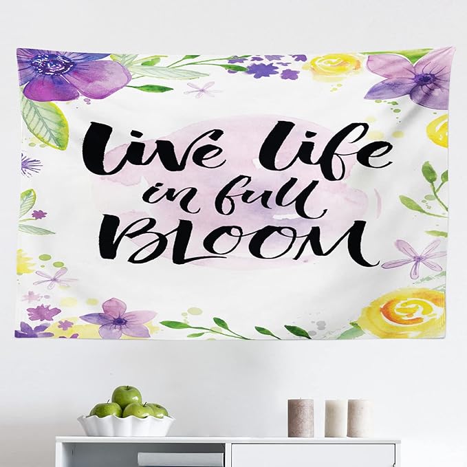 Ambesonne Lifestyle Tapestry, Live Life in Full of Blooms Words with Floral Violets Print, Fabric Wall Hanging Decor for Bedroom Living Room Dorm, 45" X 30", Purple Yellow