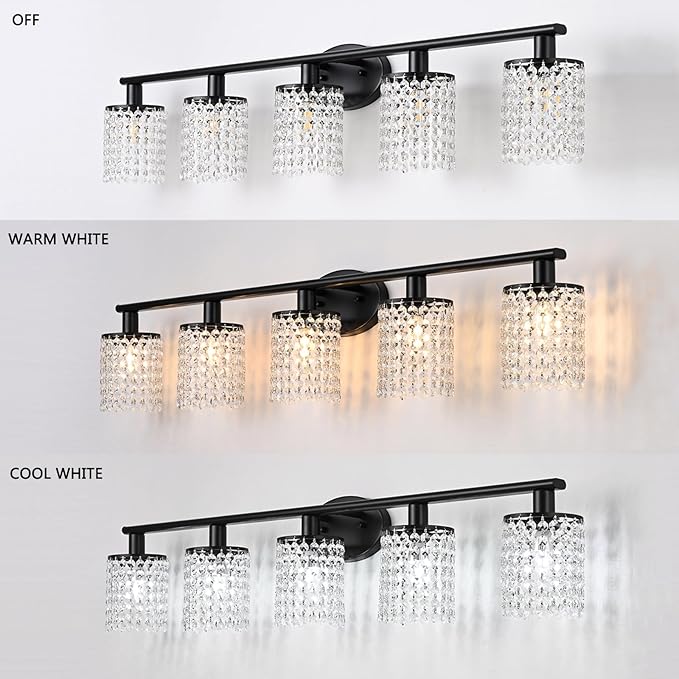 5-Light Bathroom Light Fixtures,Crystal Black Vanity Lights for Bathroom,Modern Bathroom Lights Over Mirror, Black Vanity Light Fixtures