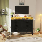 BOLUO Black Dresser with LED Light and Charging Station for Bedroom 6 Drawer Dresser with USB Outlet, Fabric Dressers & Chests of Drawers Modern