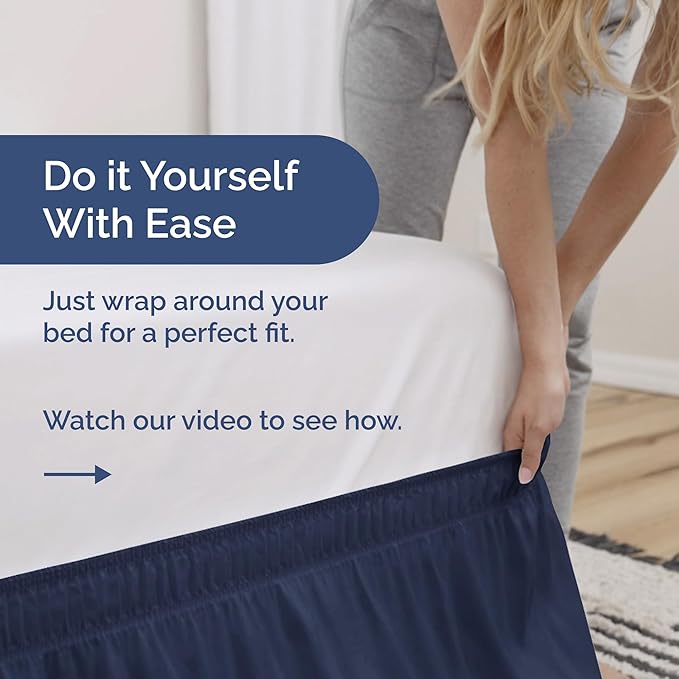 Wrap Around Dust Ruffle Bed Skirt - Navy Blue - for Full Size Beds with 24 Inch Drop - Elastic Strap - Adjustable Pleated Bedskirt with Brushed Fabric and Wrinkle Free - for Women, Men, Kids & Teens