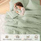 MUXHOMO 7 Pieces King Comforter Set, Seersucker Bed in a Bag King Size, All Season Luxury Bedding Set with Comforter, Flat Sheet, Fitted Sheet, Pillowcases & Shams, Light Green