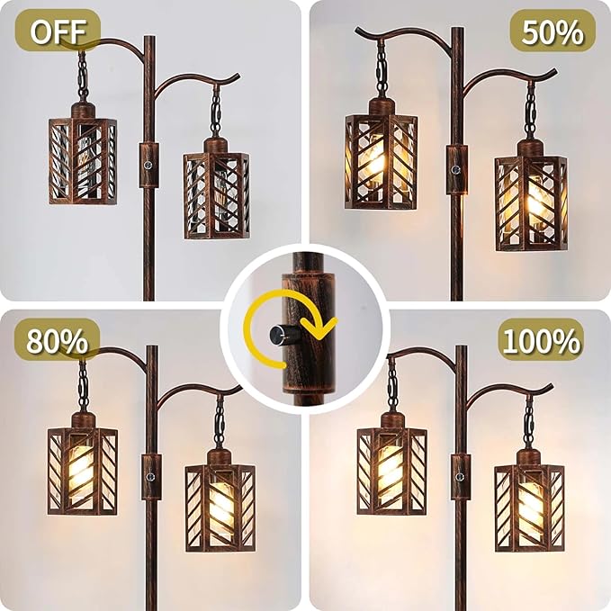 Industrial Vintage Dimmable Lamp, 2 Classical Lanterns Rustic Farmhouse Floor Lamp with Bronze Gold Finish, for Living Room Bedroom (Red Copper)