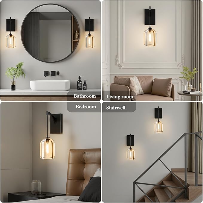 Crystal Brass Hemisphere Wall Sconce - Black Brushed Dimmable Sconces with Bulbs - Luxury Indoor Lighting Fixture - Modern Hanging Light Decor for Bedroom Living Room Bathroom Vanity Hallway