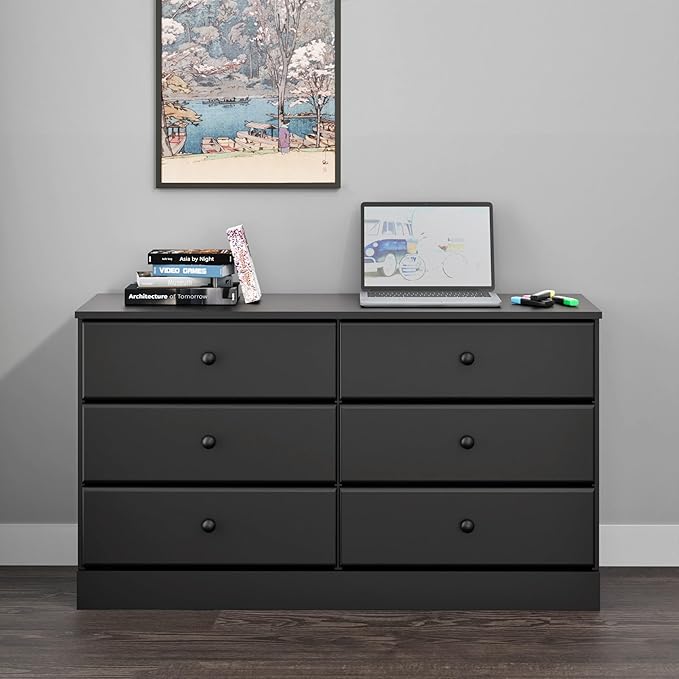 Prepac Astrid 6 Drawer Double Dresser for Bedroom, Wide Chest of Drawers, Bedroom Furniture, Clothes Storage and Organizer, 47.25"W x 28.25"H x 16"D, Black