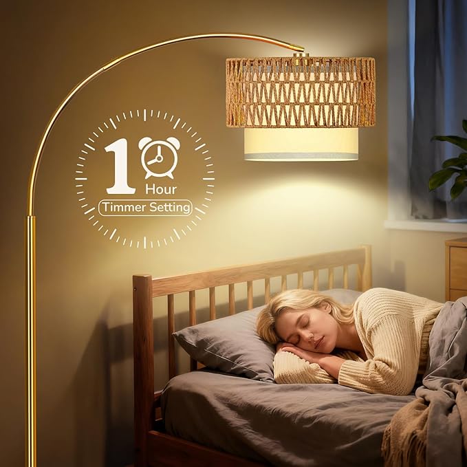 Gold Floor Lamps for Living Room, Arc Floor Lamp with Remote & Dimmable Bulb, Boho Standing lamp with 3 Color Temperatures, Adjustable Rattan & Fabric Shades Tall Lamp, Over Couch Reading Lamp