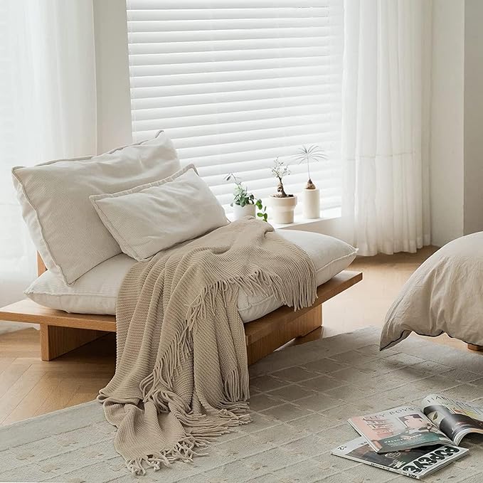 lifein Throw Blanket for Couch, Soft Boho Decor Bed Throw,Cozy Beige Knitted Chenille Small Farmhouse Lightweight Throw (Beige,60 * 80")