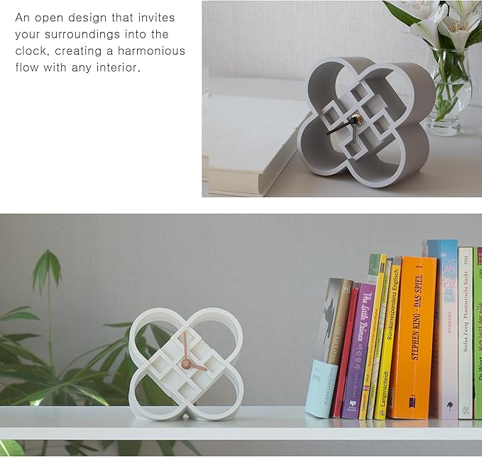 AonT Design Modern Desk Clock (Korean Lotus Motif) (Silent Quartz) Made in Korea – Decorative Minimalist Analog Shelf Clock for Table and Living Room Décor (Grey)