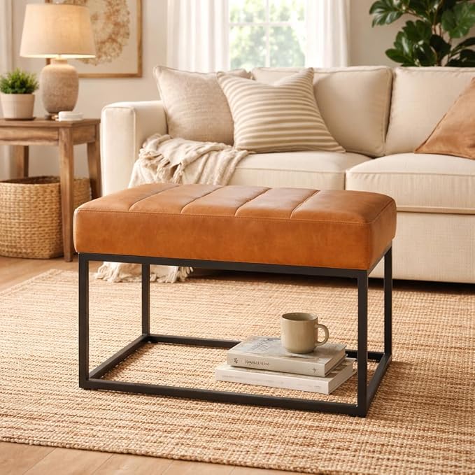 HomePop Theodore Channel Tufted Small Ottoman - Carmel Faux Leather