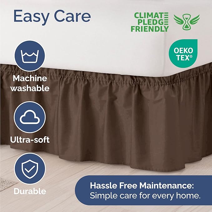 Wrap Around Dust Ruffle Bed Skirt - Brown - for Queen Size Beds with 18 Inch Drop - Easy Fit Elastic Strap - Adjustable Pleated Bedskirt w/Brushed Fabric - Wrinkle Free - for Women, Men, Kids & Teens