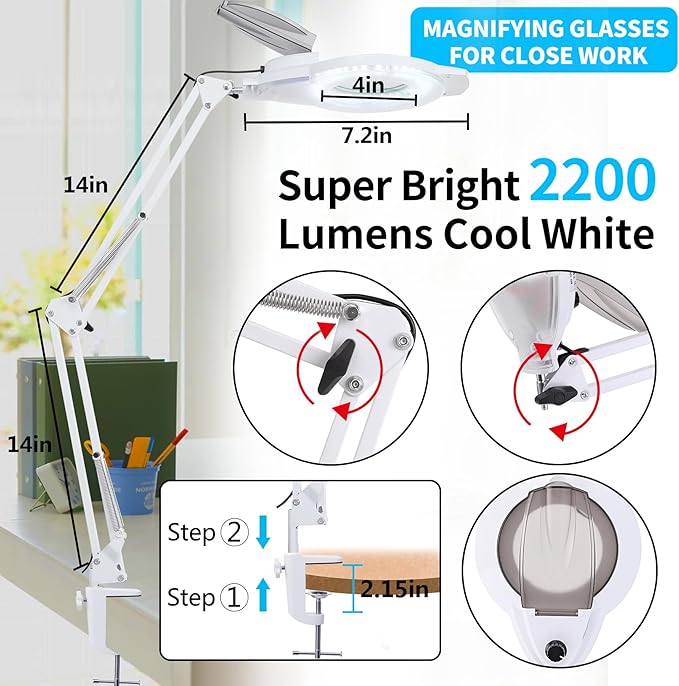 KIRKAS 10X & 30X Magnifying Glass with Light and Stand, 2200 Lumens Dimmable LED Magnifying Lamp, Real Glass Lens Lighted Magnifier Light for Craft, Reading, Repair, Hobby, Close Work- White
