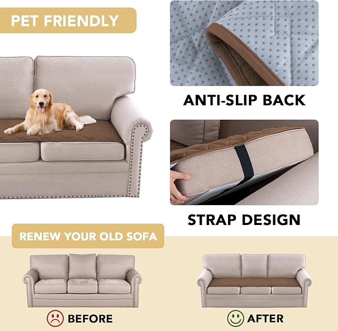 H.VERSAILTEX Couch Cover Chenille Pet Fuzzy Sofa Covers for 3 Cushion Couch Anti Slip Washable Sofa Slipcovers with Strap Soft Couch Protector Cover for Dogs Cats Kids(27.6" x 82", Coco Mocha)