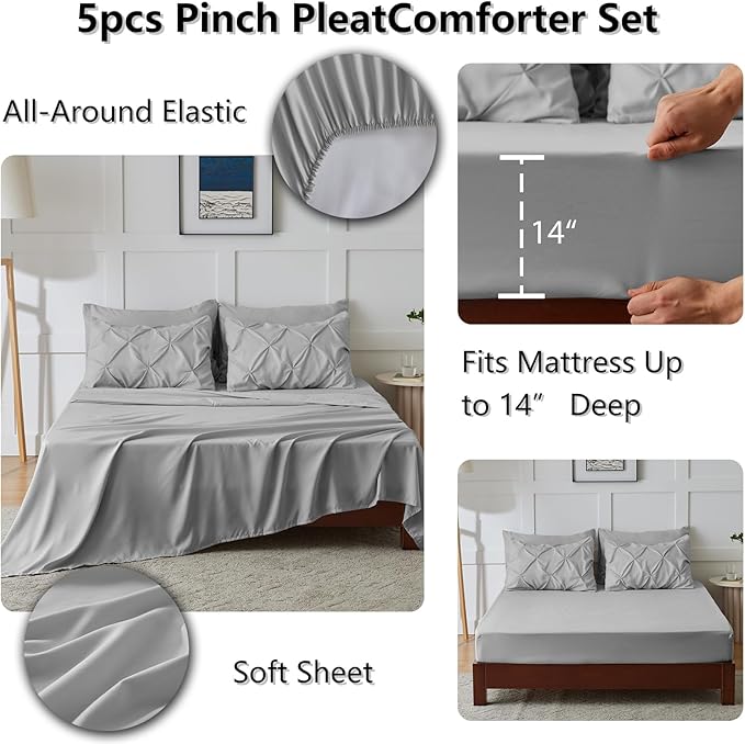 CozyLux Twin XL Comforter Set Light Grey, 5 Pieces Twin Extra Long Pintuck Bed in A Bag for College Dorm, Pinch Pleat Bedding Set with Comforter, Sheets, Pillowcase & Sham