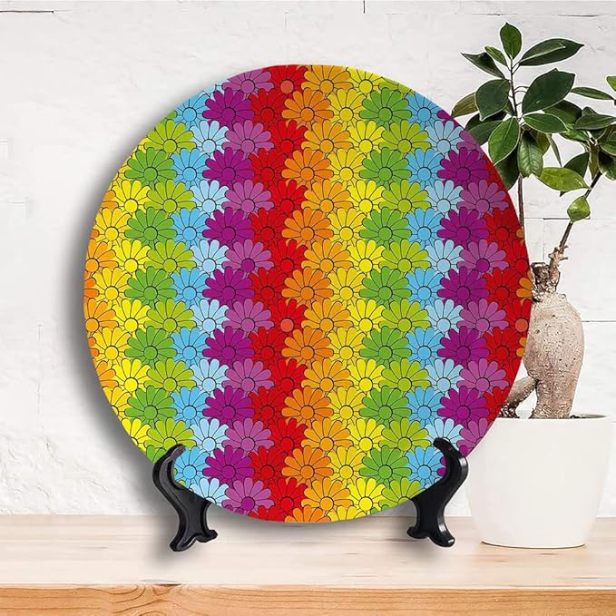 Ceramic Plates, Floral Decorative Ceramic Plates, Vibrant Flowers in Rainbow Colors Striped Repeating, 10 Inch, for Dining, Parties, Wedding, Multicolor