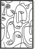 Abstract Face Pattern Wall Art Collage of Modern Faces Continuous Line Drawing 24x36 Inch Oak Wood Black Framed Artistic Aesthetic Print for Living Room