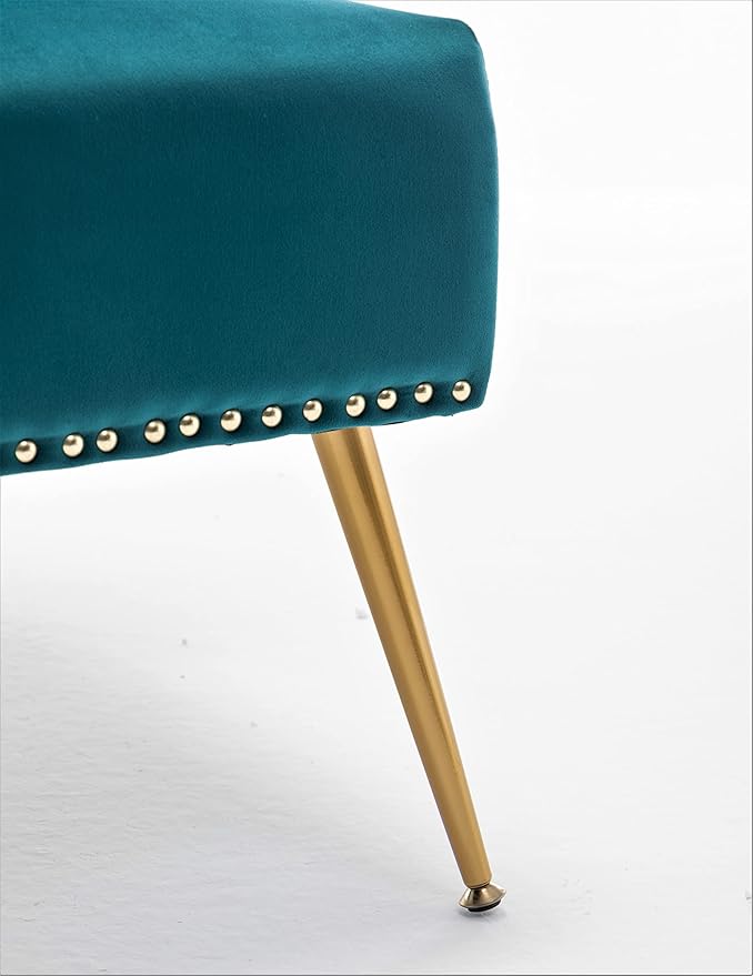 Thia Armless Velvet Accent Chair for Living Room, Elegant Seat with Nailhead Trim, Gold Metal Legs and Comfortable Curved Back, 28" D x 25" W x 29.5" H, Bluish Green