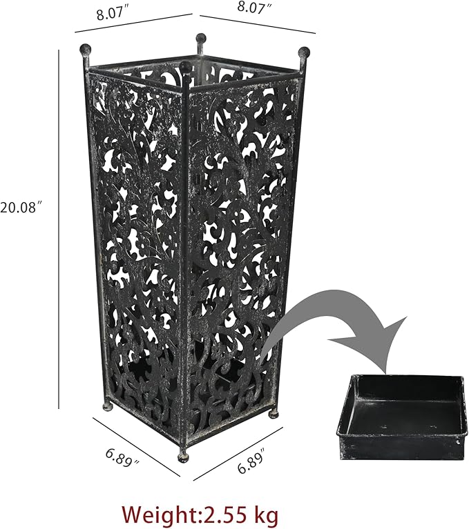 Vintage Metal Umbrella Holder Decorative Flower Design Square Umbrella Stands Entryway Organizer Bucket for Home/Office/Farmhouse - Holds Multiple Umbrellas, Walking Sticks & Canes (Black)