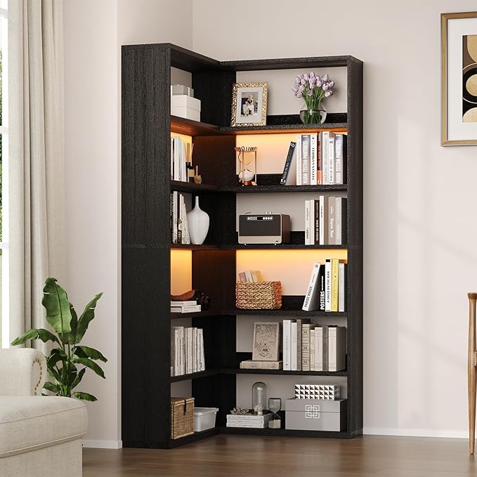 4 EVER WINNER Corner Book Shelf with LED Lights, 71” High Coner Bookshelf with Storage for Living Room, Study Room, Modern Storage Display Industrial L Shaped Bookshelf, Black