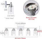 MELUCEE 5 Color Dimmable Bathroom Vanity Light Fixtures 5-Light Bath Wall Lights Modern LED Vanity Lights for Bathroom Chrome with Crystal Bubble Clear Glass Shade, Built-in LED Chips