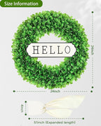 DDHS 24 Inch Large Boxwood Wreath for Front Door, Round Artificial Spring Summer Greenery Wreath with Hello Sign & Sash, Green Wreaths for Farmhouse Wedding Year Round Indoor Outdoor Home Decor