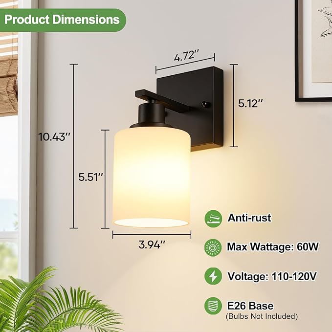 Set of 2 Wall Sconces for Bathroom,Black Modern Vanity Lights with White Glass Shade,Bathroom Wall Lamp for Mirror Kitchen Living Room Hallway Cabinet Porch