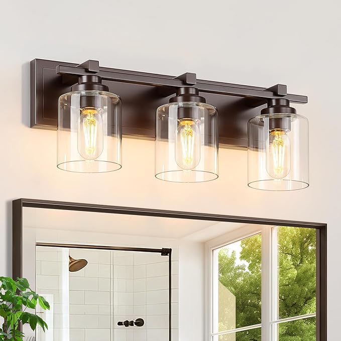 3 Light Modern Bathroom Light Fixtures Over Mirror, Bronze Finish Vanity Lights for Bathroom Wall Sconces with Clear Glass Shades, E26 Socket (Bulbs Not Included)