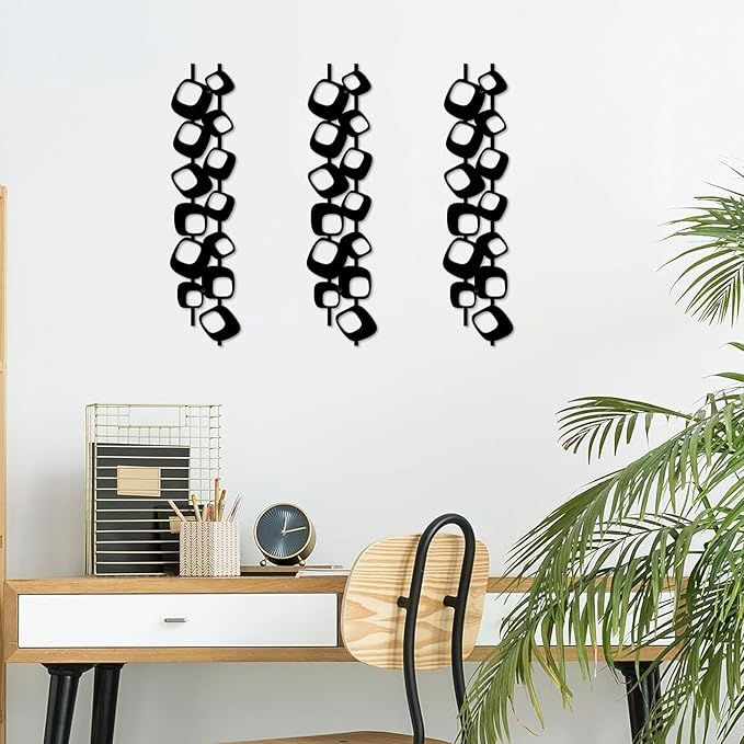 ruelen Mid Century Abstract Metal Wall Art Sculpture - Textured Geometric Decor, Set of 4, 3D Black Vertical and Elegant Design for Living Room, Bedroom, Office, Home (15.7x3.9in)