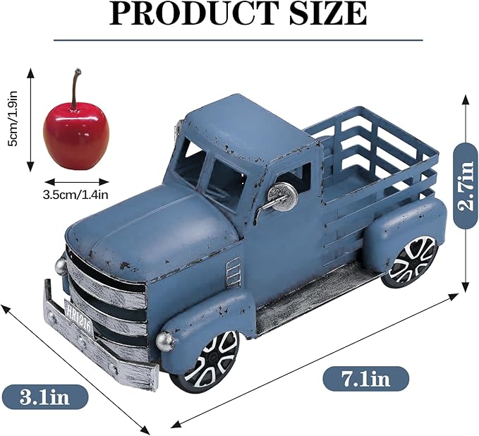 Metal Truck Decor with Christmas Fruit, Blue Vintage Farm Pickup Farmhouse Tabletop Tiered Tray Decorations, Rustic for Home Kitchen Table Top (Light Blue)