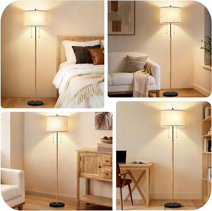 Luvkczc Floor Lamp, 60" Standing Lamp Tall Lamp with Fabric Lampshade&Pull Chain Corner Floor Lamps for Living Room, Bedroom,Office Corner (Wood Grain 2 Bulb Socket)