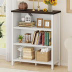 BON AUGURE Farmhouse Bookshelf, 3 Tier Bookcase, Wood Low Book Case, Short Storage Book Shelf for Home Office, Living Room, Small Space, Bedroom (White Oak and Walnut Brown)
