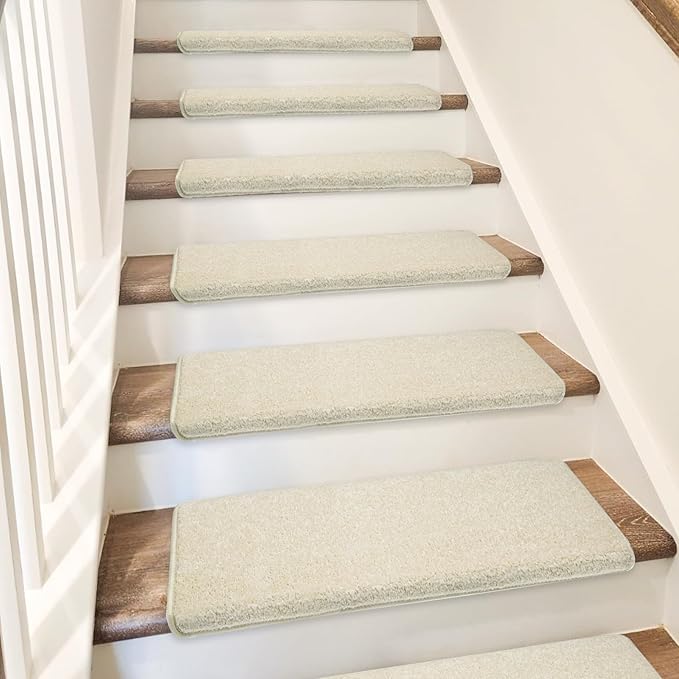 PURE ERA Bullnose Carpet Stair Treads Set Tape Free Non-Slip Indoor Stair Protectors Pet Friendly Rugs Covers Soft Skid Resistant Washable Reusable 9.5" x 30"(7 Pieces,Light Beige)