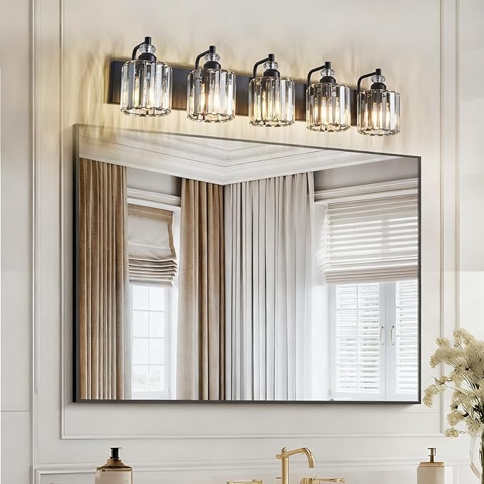 5-Light Black Bathroom Light Fixtures Over Mirror Modern Vanity Lights Crystal Wall Sconce Vintage Bathroom Lighting with Crystal Shade E26 Base for Bedroom, Living Room, Hallway