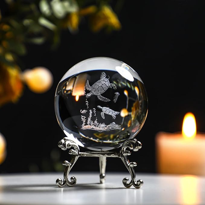 HDCRYSTALGIFTS Crystal Glass Sea Turtle Figurine 60mm(2.3in) 3D Laser Etched Crystal Animal Ornaments Art,Glass Sphere Display Sculpture Home Decor Gift