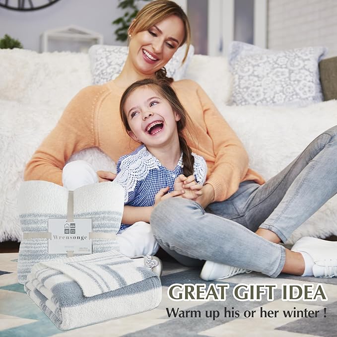 WRENGONGE Grey Blue Throw Blanket, 60x80 Soft Cozy Striped Throw Blankets for Couch, Sofa, Bed, Travel, Lightweight Fluffy Warm Plush Decorative Blankets for Women, Men Gift