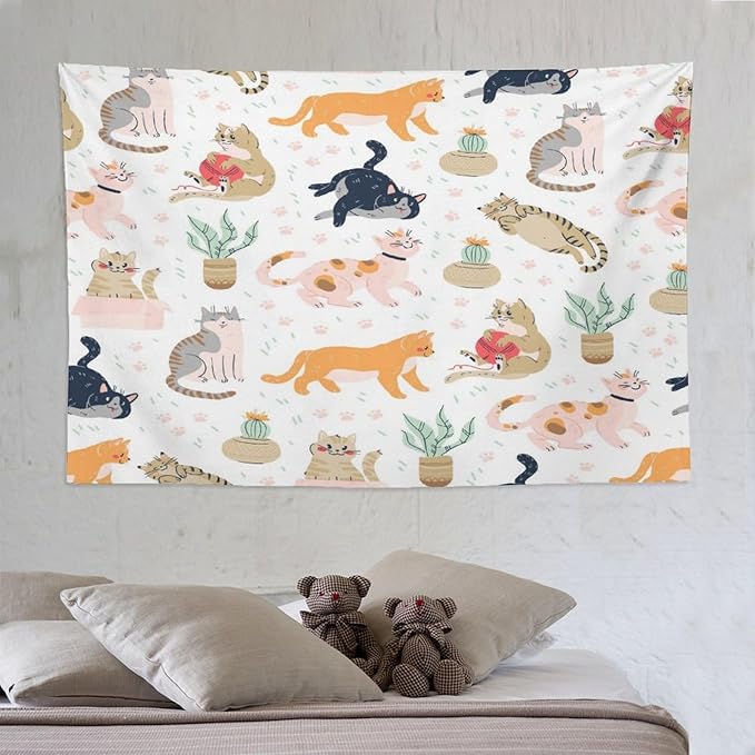 VUMIVI Cute Cat Tapestry Kids Hand-Painted Doodles Colorful Illustrations Potted Plants Paw Prints Tapestry Wall Hanging for Living Room Bedroom Dorm Classroom Aesthetic Decor W90xL60in