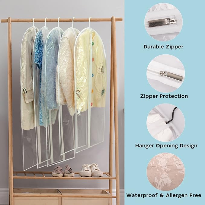 Garment Bags for Hanging Clothes, SMINDER Clear Plastic Bags Full Zipper Suit Bags PEVA Breathable Lightweight Garment Covers for Closet Storage, Suitable for Shirts, Jackets, Gowns (24" x 60"/8 Pack)