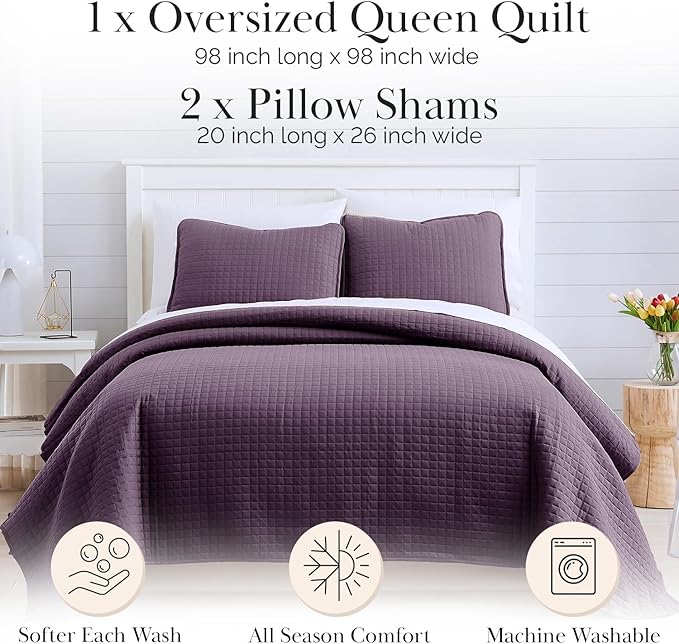 Southshore Fine Living, Inc. Quilts, Queen Size/Full Size Quilt Bedding Set, Stain & Pet Hair Resistant Bedding, Coverlet Queen Size/Full Size Lightweight Bedspread with 2 Pillow Shams, Purple