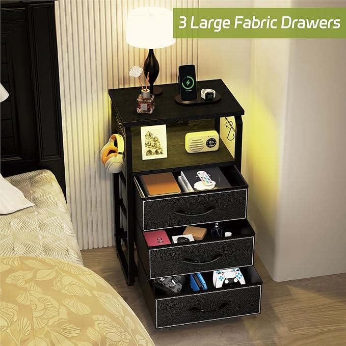 Bed Side Table with 3 Fabric Drawers, Black Night Stand, LED Nightstand with Hooks, Bedside Table with Charging Station, End Table with Storage, Night Table for Living Room, Bedroom, Dorm