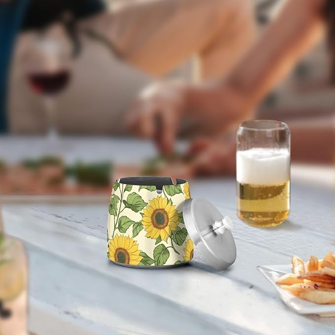 Sunflower Ashtray with Lid, Outdoor Ashtrays for Patio, Stainless Steel Ashtray Odorless Smokeless for Home Office Balcony