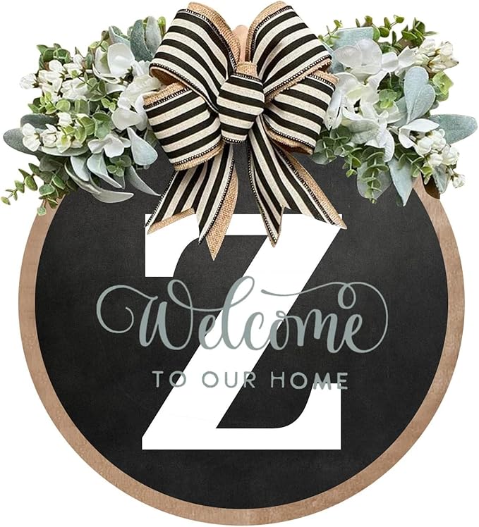 Circular Surname Front Door Welcome Sign - 26 Letter House Wreath, Front Porch Decorations, Year-Round Home Decor (Z)