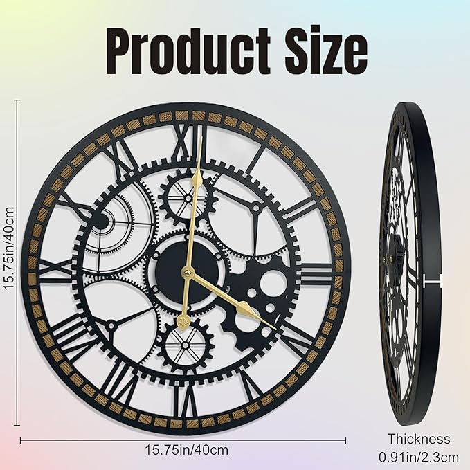 16 Inch Wall Clock, Gear Clock, Silent Non Ticking, Battery Operated Large Wall Clocks for Living Room Decor, Kitchen, Office (Vintage Industrial Steampunk)