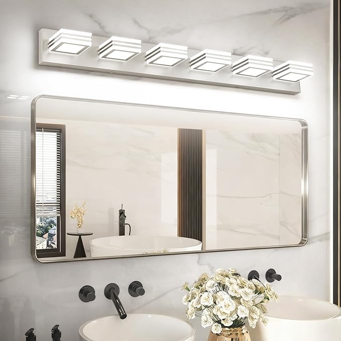 SOLFART Modern LED Vanity Lights Fixtures: 6 Lights Acrylic LED Brushed Nickel Vanity Lights for Bathroom 39inch