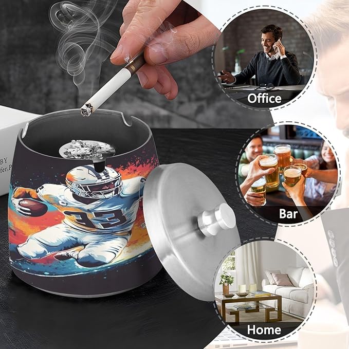 American Football Player Splash Ashtray with Lid, Outdoor Ashtrays for Patio, Stainless Steel Ashtray Odorless Smokeless for Home Office Balcony