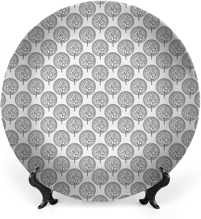 Ceramic Display Plate, Floral Ceramic Hanging Decorative Plate, Tree Pattern with Leaves Inside Circles Monochrome Mother, 8 Inch, Living Room Kitchen Decoration Household, Grey White