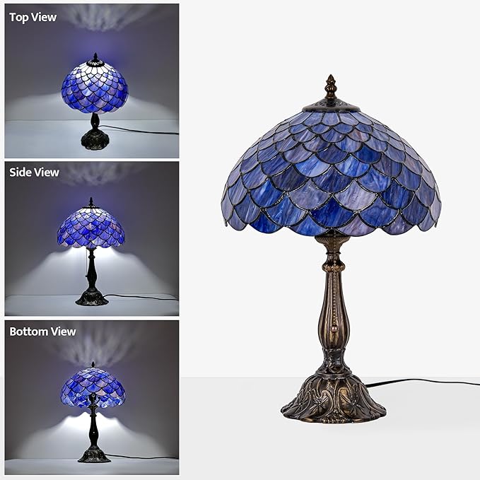 Tiffany Style Table Lamp Vintage Stained Glass Desk Lamp Deep Blue Purple Fish Scales Bedside Reading Light Decor Bedroom Living Room Home Office D12 xH18