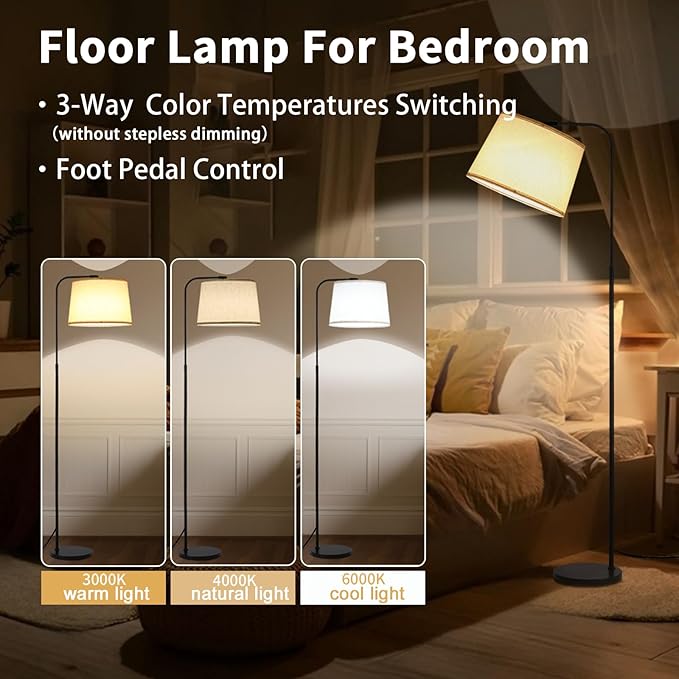 Arc Floor Lamps for Living Room, Modern Floor Lamp for Bedroom, Foot Pedal Control Standing Lamps with Adjustable Linen Lampshade, Tall Lamp with 9W Bulb for Office Reading Room Nursery (Black)