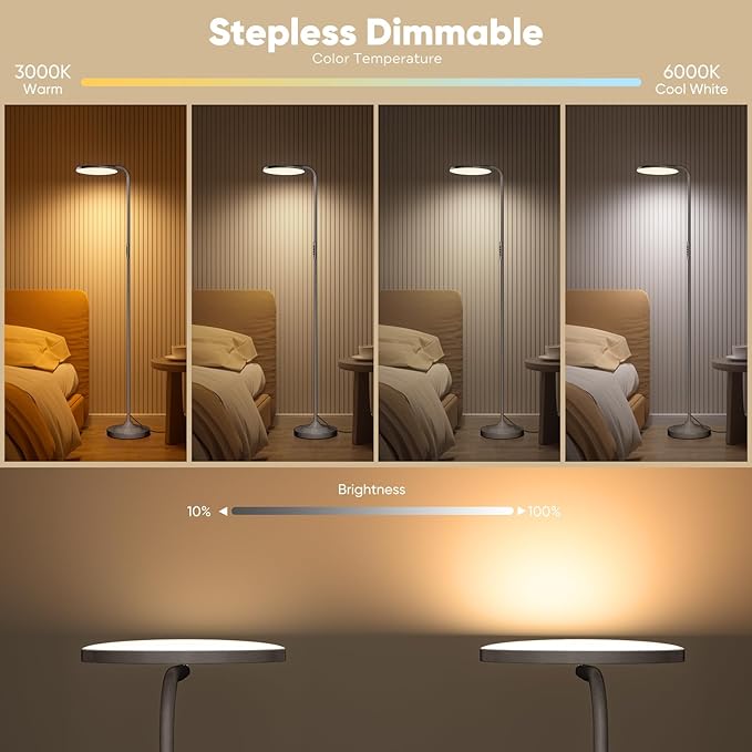 36W LED Floor Lamp, Super Bright Standing Lamp, Modern Stepless Dimmable Torchiere Lamp with Remote Control, 350°Rotating Head Reading Floor Lamp for Living Room, Bedroom, Office - Gunmetal
