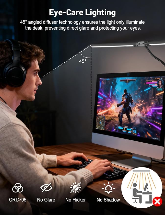 32.8'' Wide Desk Lamp with Clamp for Home Office, Eye-Caring LED Desk Lamp, Dimmable Table Clip Lamp for Dual Screen Computer Monitor, Adjustable Color Lighting Mode Computer Monitor Light