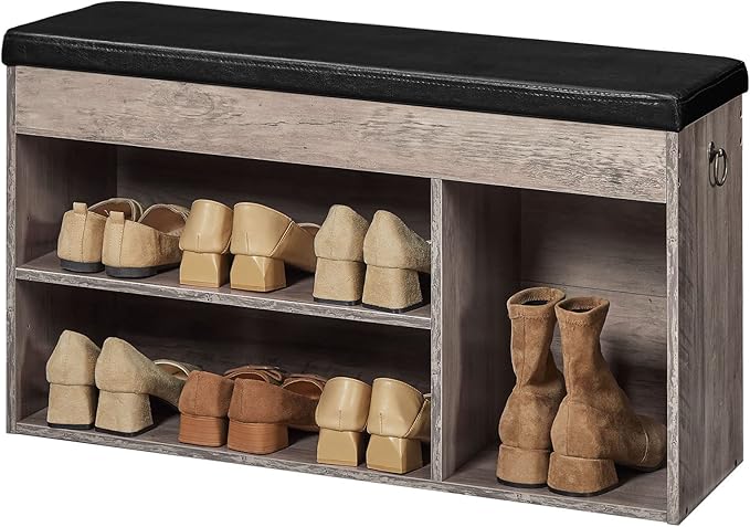 HOOBRO Shoe Storage Bench with Padded Cushion, Entryway Bench with Flip-Open Storage Box and Adjustable Shelf, Shoe Rack with Hidden Compartment, for Entryway, Living Room, Greige BG40HX01