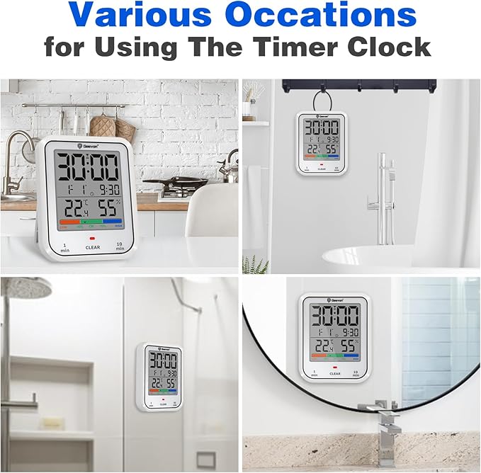 Geevon Digital Bathroom Clock, Waterproof Shower Timer with Large Touch Screen, Battery Operated Bathroom Wall Clock with Temperature & Humidity Display - Suction Cup/Hanging Hole/Stand (White)