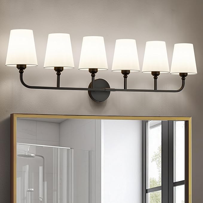 Kvhilw Bathroom Vanity Light, Matte Black Bathroom Light Fixtures, 6-Light Lighting Fixtures Over Miror, Modern Wall Sconce with Flared White Fabric Shade, E26 Socket(ETL Listed)